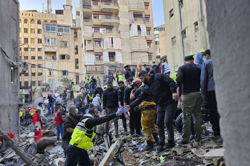 Rescuers search for victims at the site of an Israeli airstrike that targeted a building in Beirut, Lebanon, Tuesday, Nov. 26, 2024.