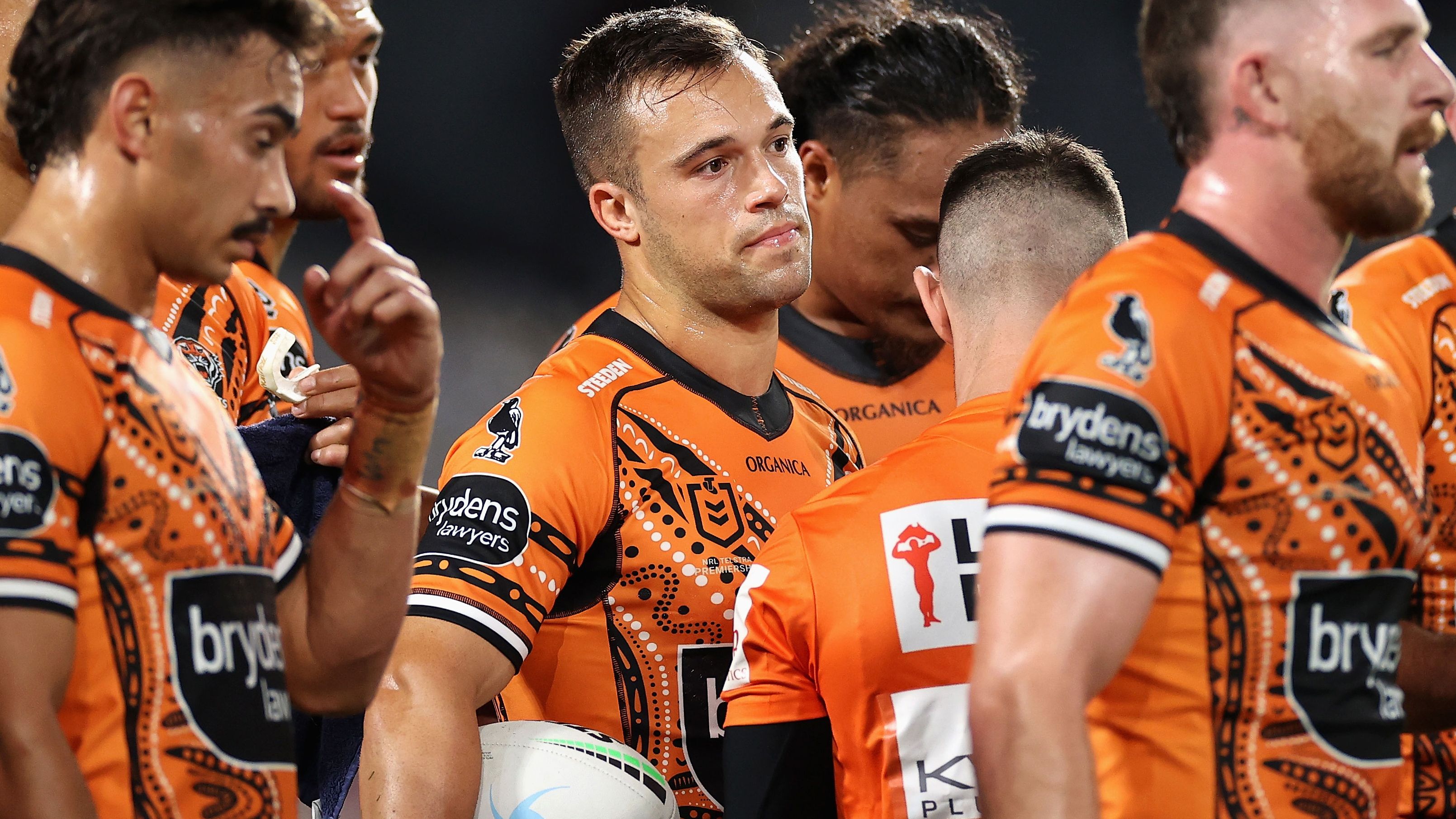 Luke Brooks reacts after the Wests Tigers conceded a try.