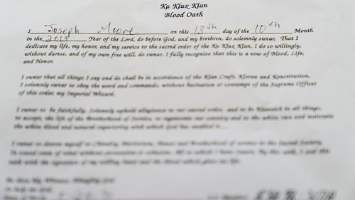 A Ku Klux Klan "blood oath" signed by Joseph Moore, an informant for the FBI.