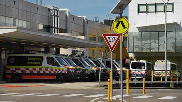 Ambulances near the entrance to the John Hunter Hospital. New Lambton Heights, NSW. 10th September, 2021. Photo: Kate Geraghty