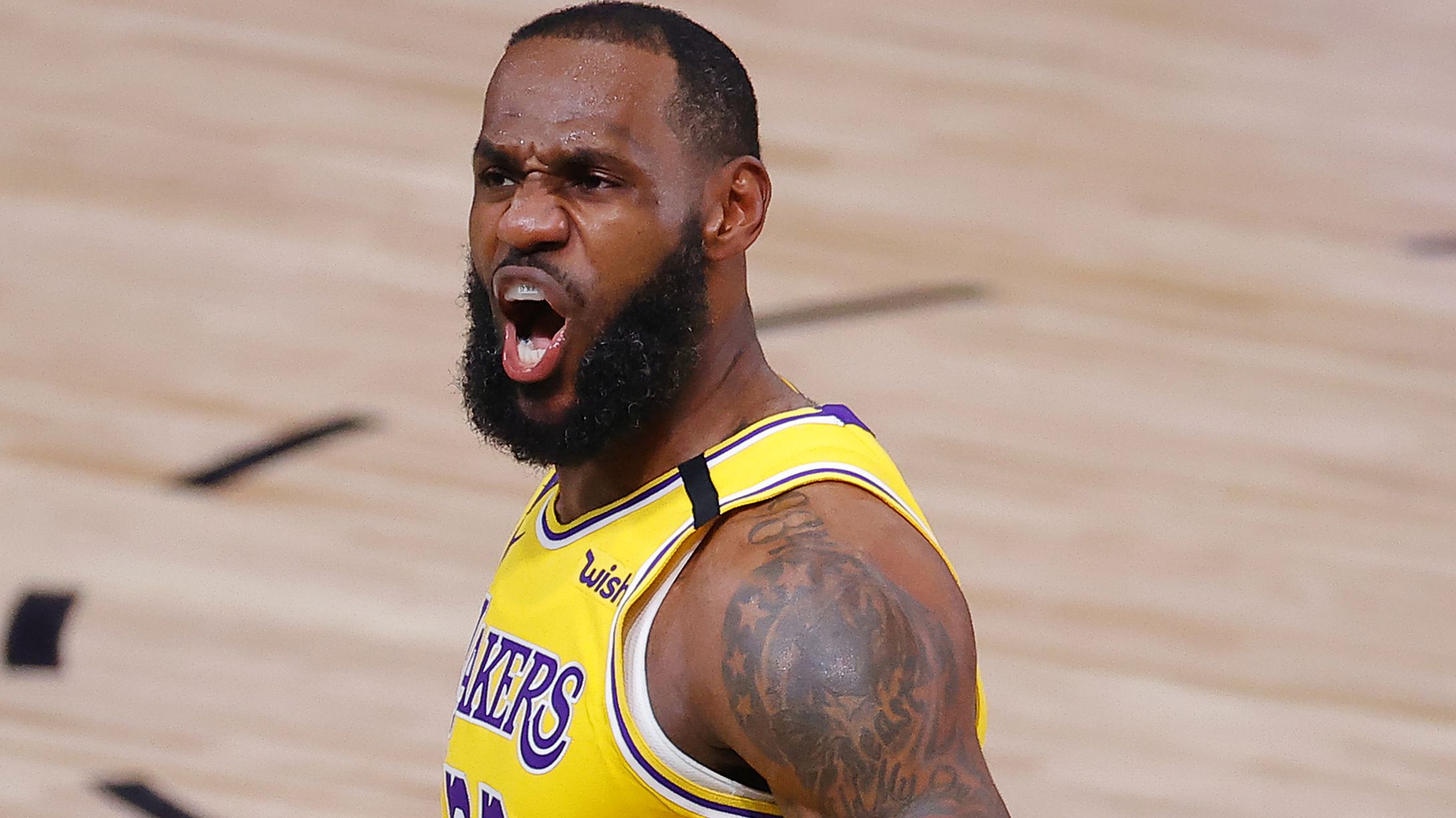 LeBron James of the Los Angeles Lakers reacts after a dunk.