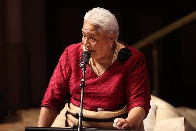 Tongan Princess Mele Sui'ilikutapu Kalanivalu Fotofili wipes a tear while she spoke to government representatives during a formal apology for the 1970s Dawn Raids in September 2021.