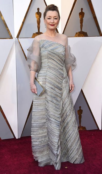 Lesley Manville arrives at the Oscars on Sunday, March 4, 2018, at the Dolby Theatre in Los Angeles.
