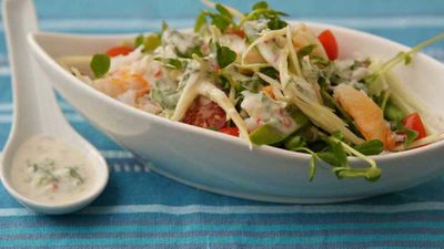 Click through for our velvety <a href="http://kitchen.nine.com.au/2016/12/13/13/20/crab-and-green-mango-salad" target="_top">crab and green mango salad</a> recipe