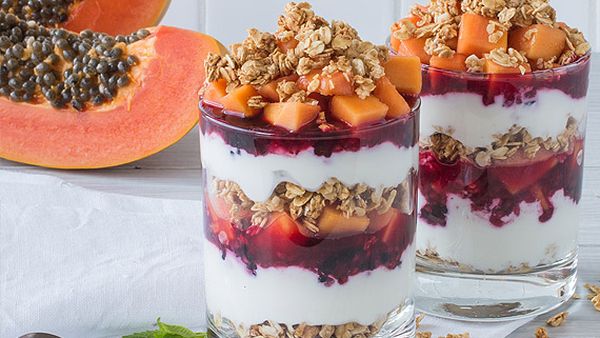 Red papaya and mixed berry parfaits