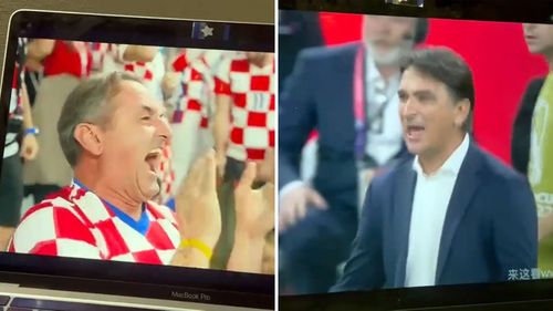 The international broadcast of Croatia vs Canada (left) and what was shown in China instead (right).