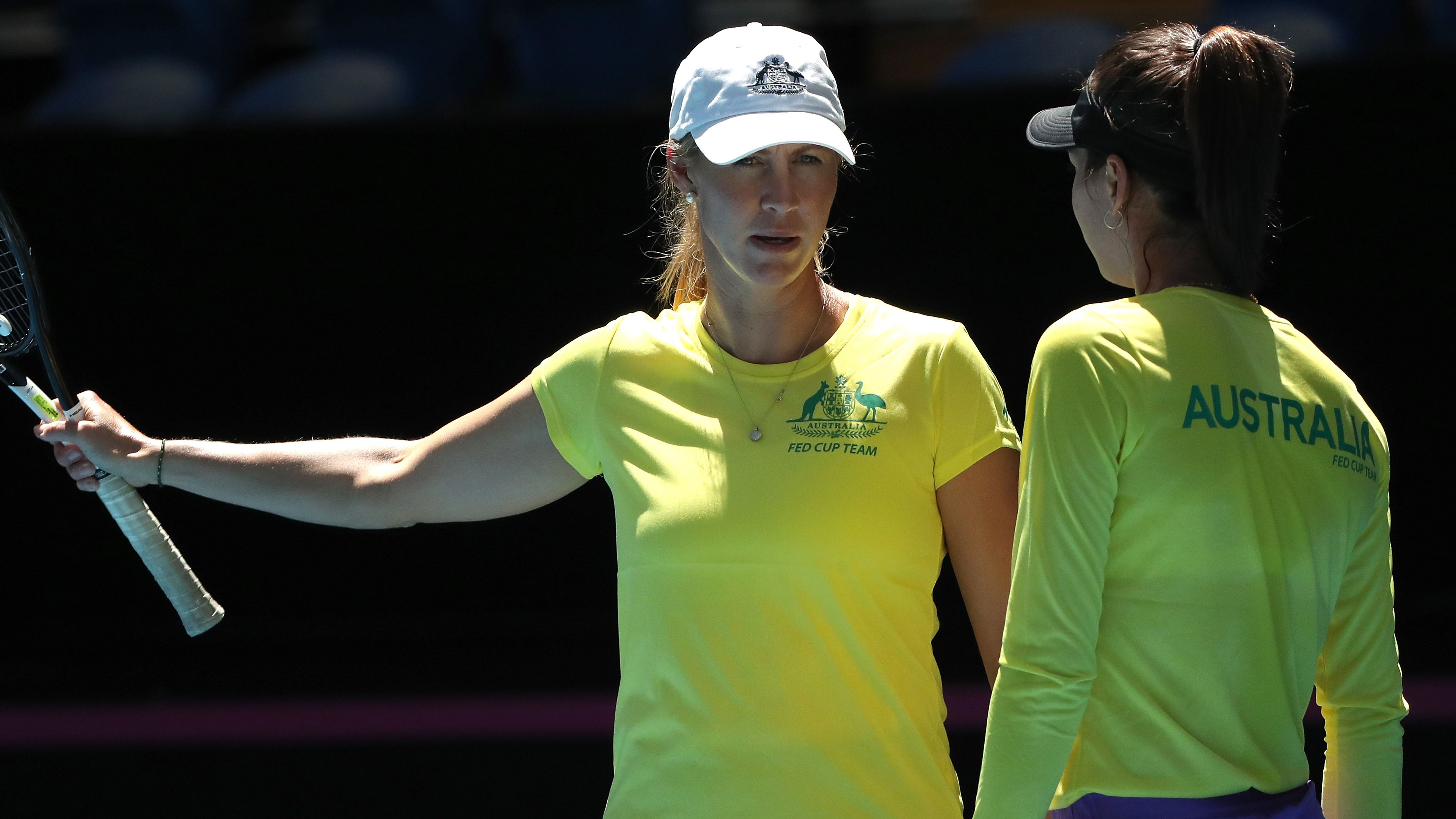Australia&#x27;s Fed Cup captain Alicia Molik talks to Ajla Tomljanovic.