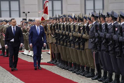 President Joe Biden participates in an arrival ceremony with Polish President Andrzej Duda at the Presidential Palace, Saturday, March 26, 2022, in Warsaw 