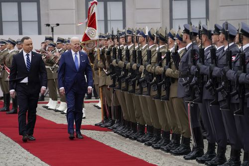 Prezydent Joe Biden uczestniczy w wizycie u prezydenta RP Andrzeja Dudy w Pałacu Prezydenckim w sobotę 26 marca 2022 r. w Warszawie. 