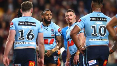Blues players look dejected during game two of the State of Origin series between the Queensland Maroons and the New South Wales Blues at Suncorp Stadium on June 21, 2023 in Brisbane, Australia. (Photo by Chris Hyde/Getty Images)