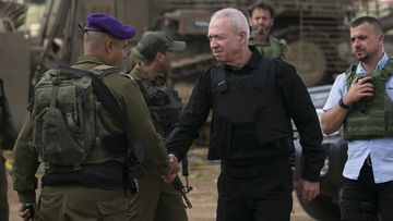 Israeli Minister of Defence Yoav Gallant meets soldiers on the Israeli border with the Gaza Strip on October 19, 2023 in Sderot, Israel