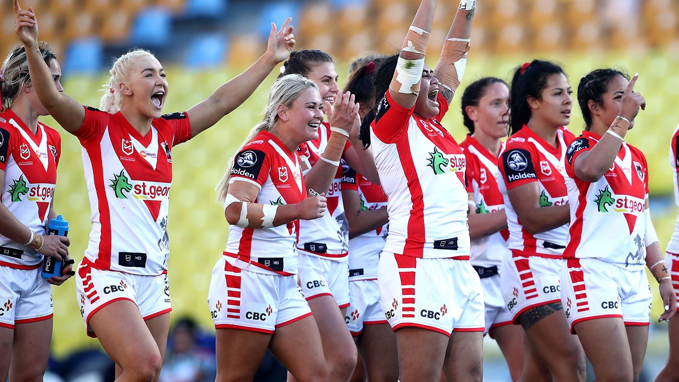 The Dragons celebrate on full time during the round 2 NRLW match against the New Zealand Warriors 
