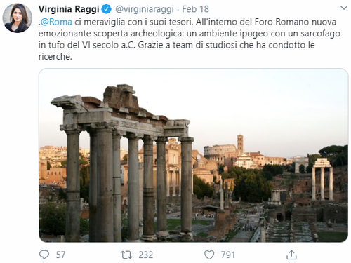 Mayor Virginia Raggi tweeted her excitement about the new Roman Forum discovery.