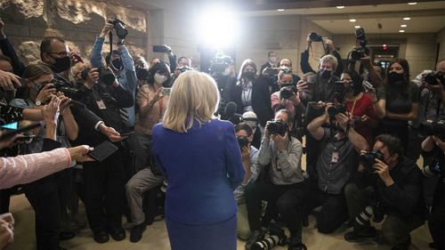 Liz Cheney speaking to reporters after being ousted from her leadership position.
