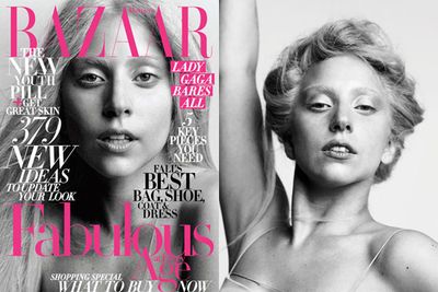 Gaga made quite the stir when she un-caked her face for this <i>Harpers Bazaar</i> shoot in 2011. Amazing how the lighting gives her eyelids that wondrous sparkle (Image: <i>Harpers Bazaar</i>)