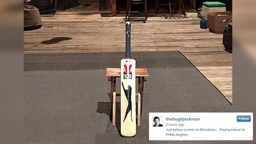 Hugh Jackman pays tribute to Phillip Hughes on Broadway