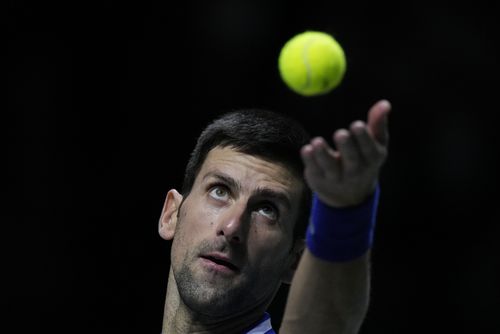 Serbia's Novak Djokovic serves  during their Davis Cup semi-final match.