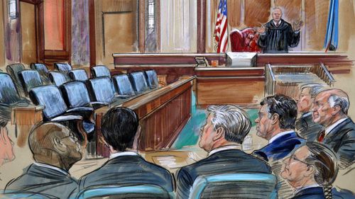 This courtroom sketch depicts U.S. District court Judge T.S. Ellis III speaking to the lawyers and defendant Paul Manafort. 