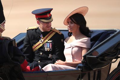 LONDON, ENGLAND - JUNE 09:  Prince Harry, Duke of Sussex and Meghan, Duchess of Sussex arrive at The Royal Horseguards during Trooping The Colour ceremony on June 9, 2018 in London, England. The annual ceremony involving over 1400 guardsmen and cavalry, is believed to have first been performed during the reign of King Charles II. The parade marks the official birthday of the Sovereign, even though the Queen's actual birthday is on April 21st.  (Photo by Dan Kitwood/Getty Images)