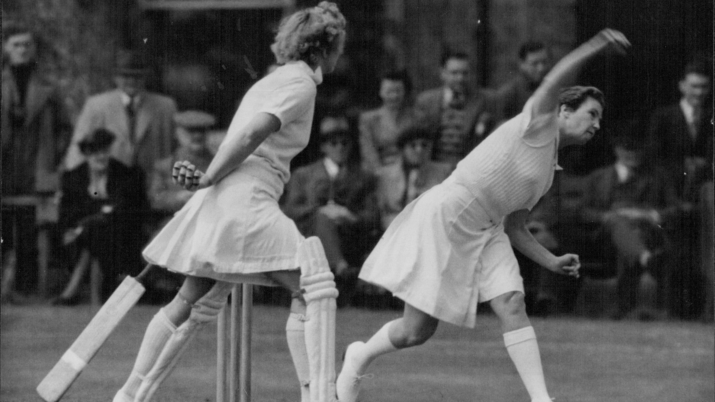 Aussie Cricket Girls in Action -- Australian Bowler Norma Whiteman Sends down a fast one to M. Rosewarme of the Kent women&#x27;s cricket Association team during the early stages of the Kent Versus Australia Women&#x27;s Cricket Match at Sevenoaks, Kent, today May 19.  Australian women cricketers in action against Kent. Australian bowler Norma Whiteman sends down a fast one to M. Rosewarme. May 19, 1951. (Photo by The Associated Press Ltd.).