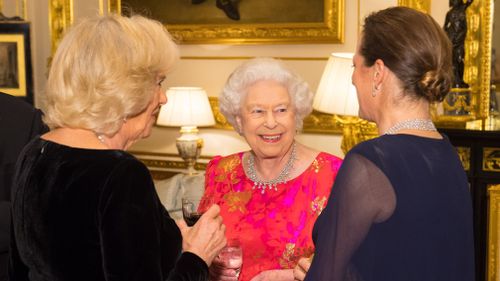 Queen Elizabeth II with the Duchess of Cornwall and Princess Zahra Aga Khan in the White Drawing Room at Windsor Castle. (AAP)