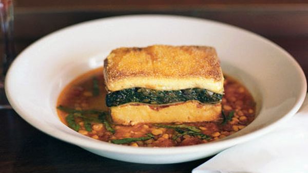 Lasagne of spinach, polenta and goat’s curd