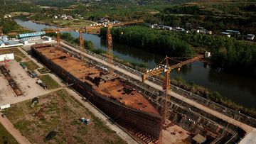 A still-under-construction replica of the Titanic ship in Daying County in China&#x27;s southwest Sichuan province.