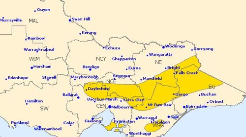 The areas in yellow are currently under a severe weather warning. Picture: BoM