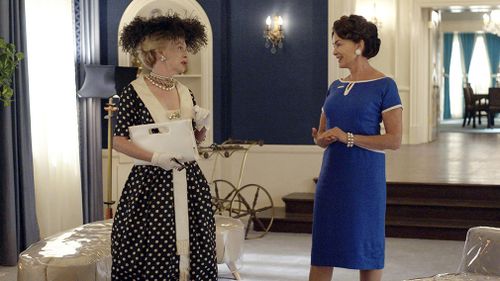 Judy Davis as Hedda Hopper (left) and Jessica Lange as Joan Crawford in 'Feud: Bette and Joan'.