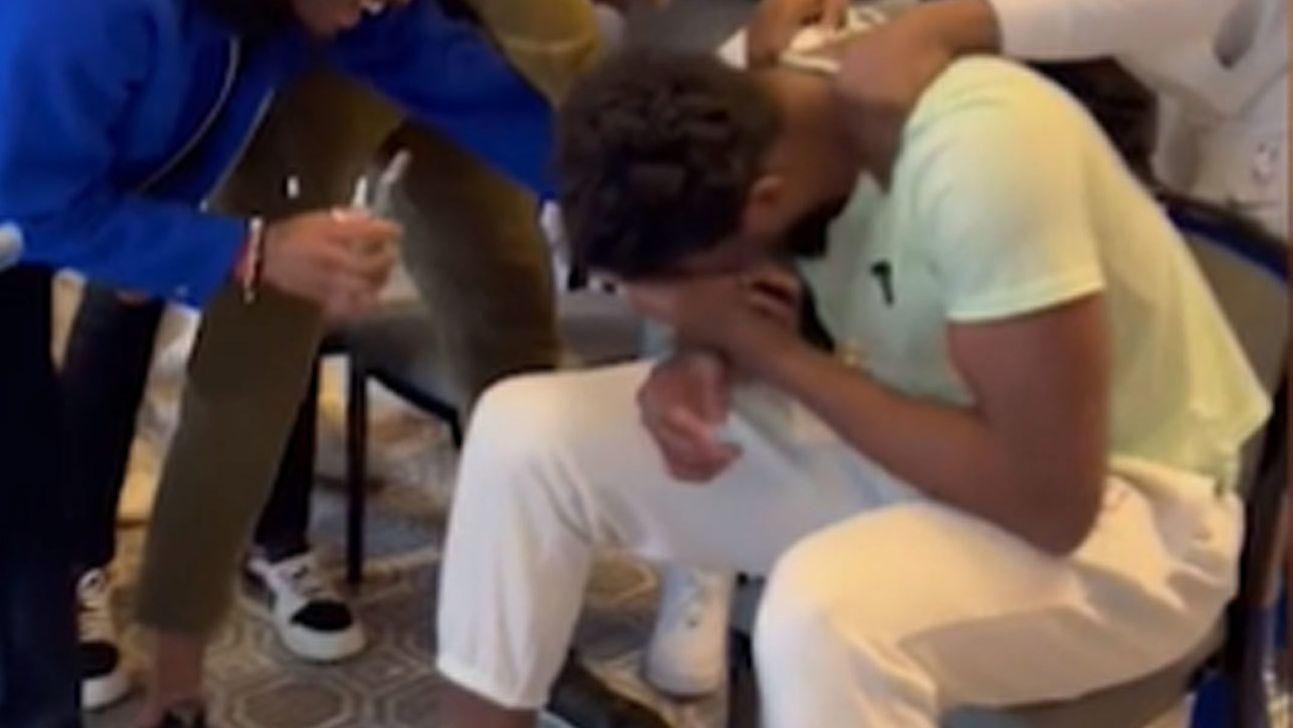 Joel Embiid broke down into tears while being mobbed by his 76ers teammates upon the MVP announcement.