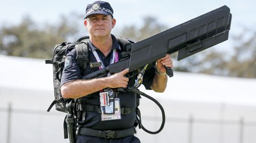 Queensland Police officers will be patrolling the Gold Coast during next month's Commonwealth Games with guns like these to protect the event from intrusive drones. Picture: AAP.