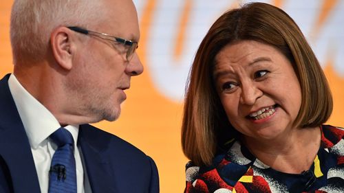 Communications Minister Mitch Fifield and ex ABC managing director Michelle Guthrie pictured at an event earlier this year.