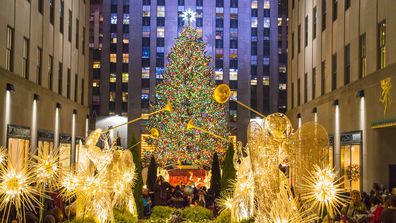 NEW YORK-DEC 5: Rockefeller Center all decorated surrounding the newly lit Christmas tree on December 5, 2013. 