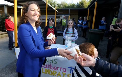 Georgina Downer handed out snags at the Mayo polls. Image: AAP