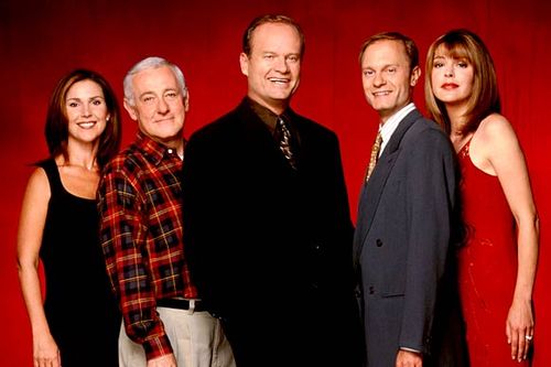 Frasier's ensemble — 	Peri Gilpin as Roz, John Mahoney as Martin, Kelsey Grammer as Frasier, David Hyde Pierce as Niles and Jane Leeves as Daphne.