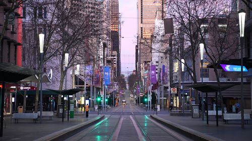 A very quiet Bourke Street is seen on August 11, 2020 in Melbourne, Australia.  