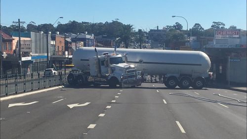 King Georges Road at Beverly Hills, in Sydney's south, was closed in both directions after a truck jackknifed. Picture: Twitter.