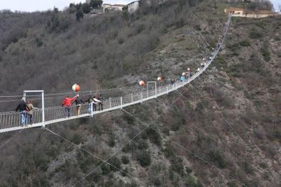Tibetan bridge located midway between cties of Foligno and Spoleto in Italy.