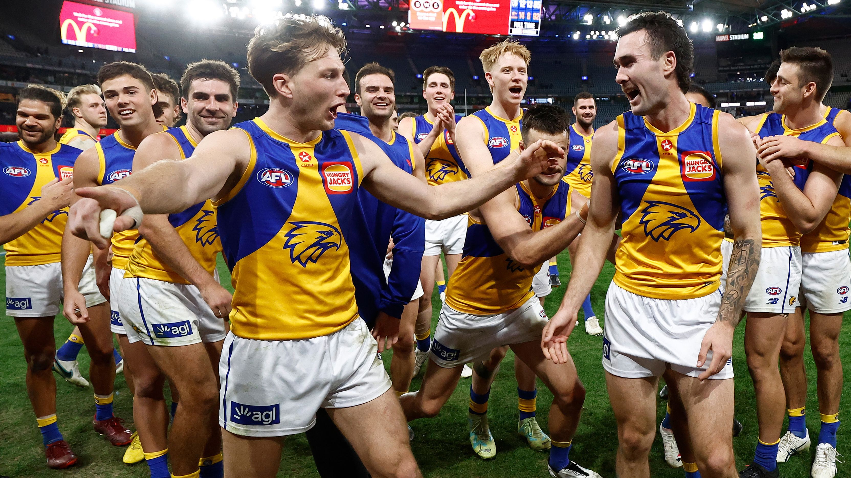 Alex Witherden of the Eagles directs Zane Trew of the Eagles to lead the team off the field during the 2023 AFL Round 23 match between the Western Bulldogs and the West Coast Eagles at Marvel Stadium on August 20, 2023 in Melbourne, Australia. (Photo by Michael Willson/AFL Photos via Getty Images)