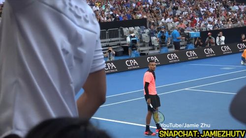 Kyrgios responded to the interruption by shouting for Zhu to "shut the f--- up". (YouTube/Jamie Zhu)