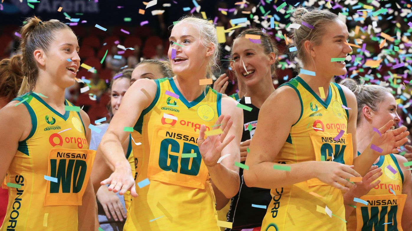 Diamonds players celebrate after the Bushfire Relief Charity netball match between the Australian Diamonds and the Super Netball All-Stars (AAP)