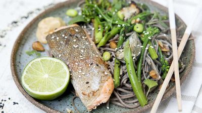 Recipe: <a href="http://kitchen.nine.com.au/2018/02/26/10/00/salmon-and-gluten-free-soba-noodles-recipe" target="_top">Salmon with gluten free soba noodles</a>