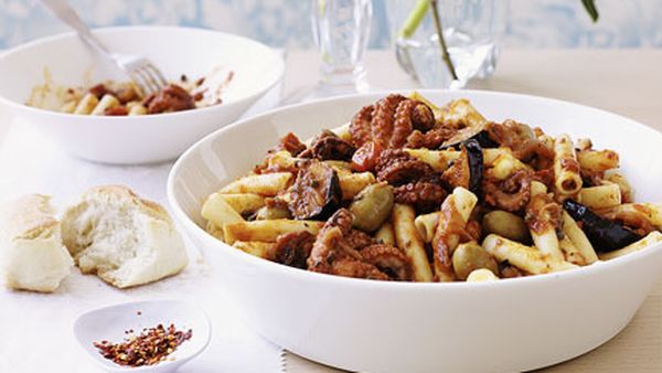 Baby octopus, tomato, eggplant and chilli pasta