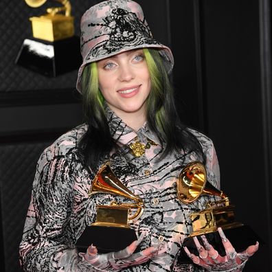 Billie Eilish, winner of Record of the Year for 'Everything I Wanted' and Best Song Written For Visual Media for "No Time To Die", poses in the media room during the 63rd Annual GRAMMY Awards.