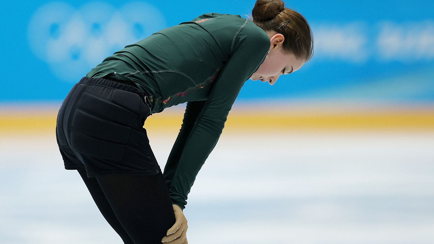 Kamila Valieva of Team ROC reacts during a figure skating training session on day eight of the Beijing 2022 Winter Olympic Games.