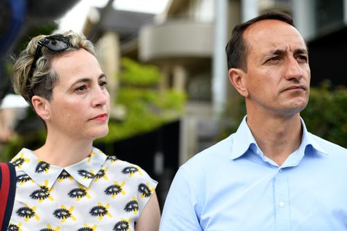 Liberal candidate for Wentworth Dave Sharma and wife Rachael are seen speaking to media near a polling place at Rose Bay.