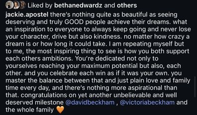 Jackie Apostel's gushing tribute to David and Victoria Beckham.