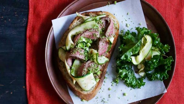 Steak sandwich with broccoli tapenade and zucchini. Courtesy of Jacqueline Alwill for BeefandLamb.com.au