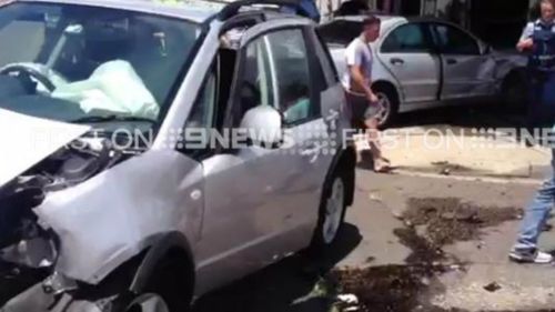A two-car smash ended with one vehicle crashing into a cafe in Sans Souci, in Sydney. (9NEWS)