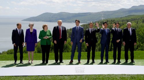 Leaders of an array of G7 nations pose for a photo. Picture: AP